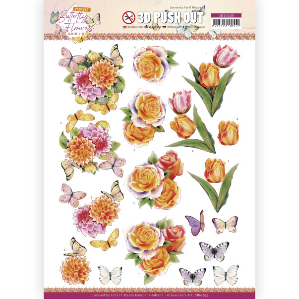Papir, 3D Push Out, Perfect Butterfly Flowers, Orange Rose